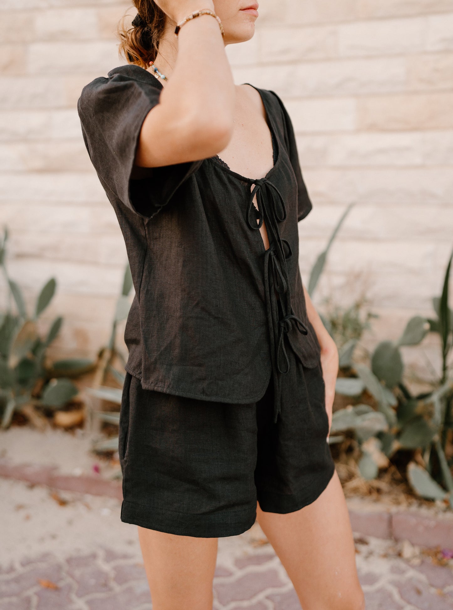 Black beach two piece set bow tied shirt dubai