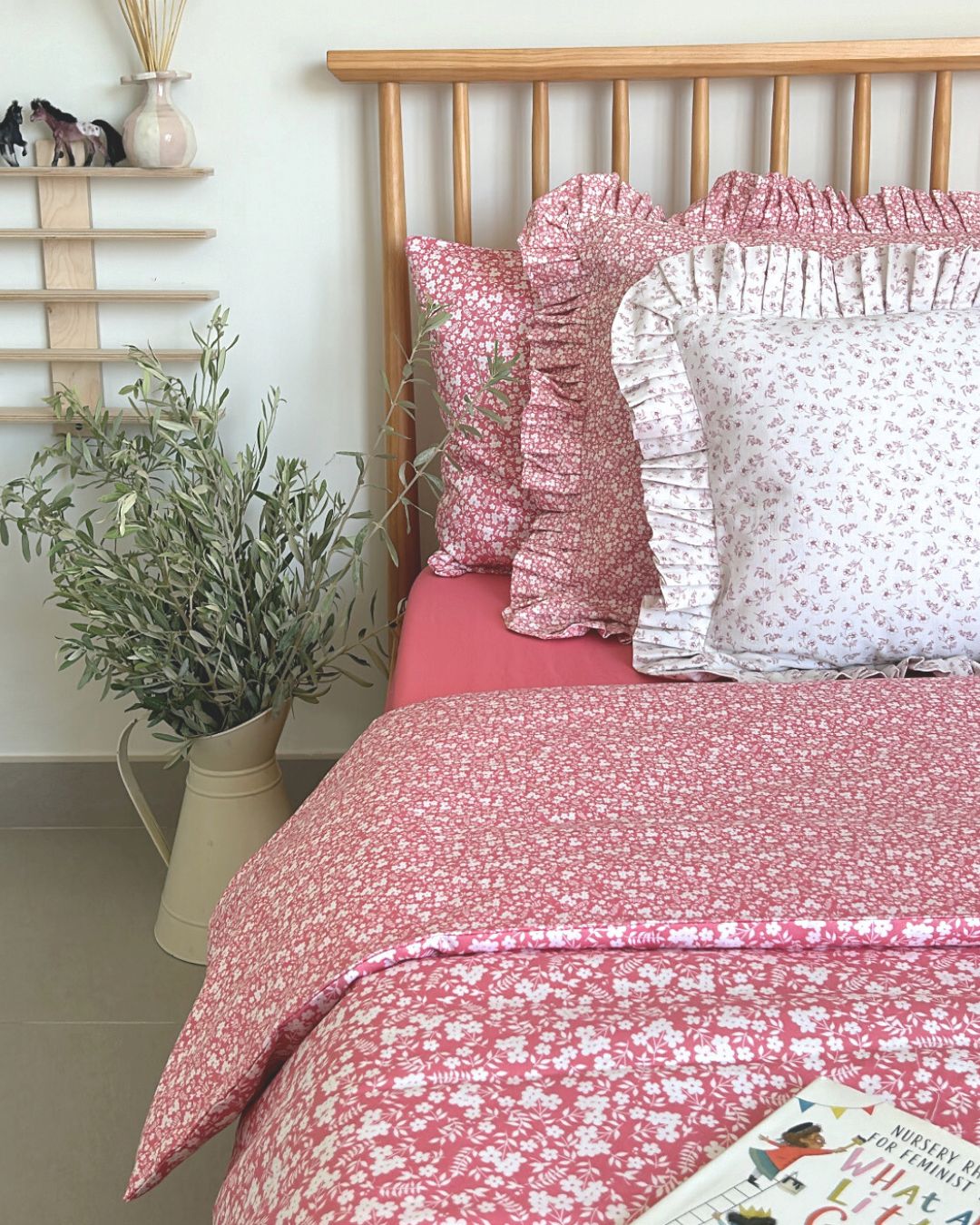 Vintage countryside-inspired pink bedding with reversible prints