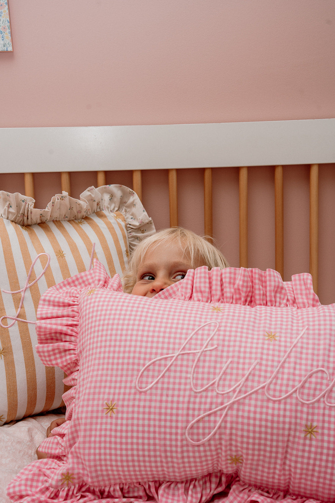 Pink Gingham frilled personalised name pillow dubai - Carob